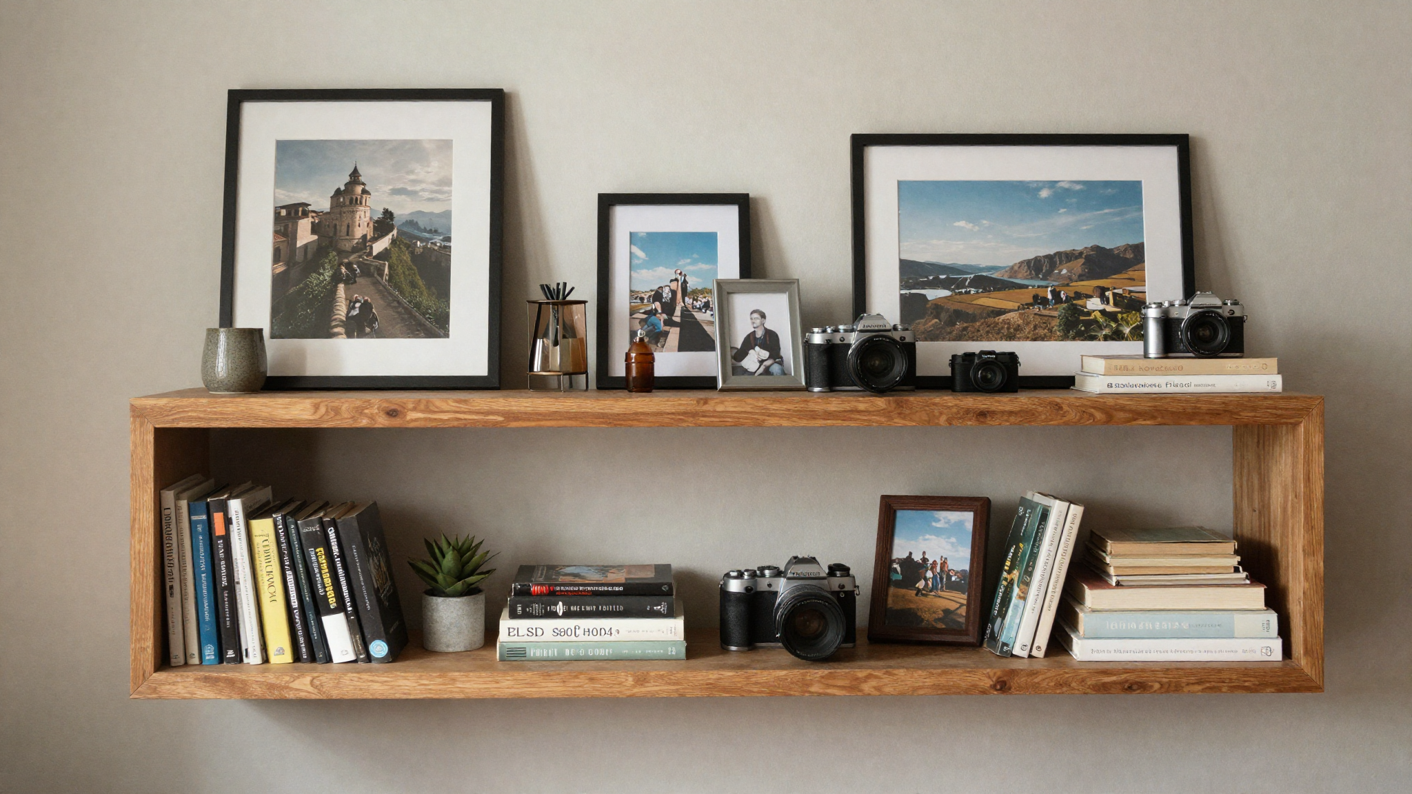 Living room shelf styled with personal meaningful objects books art souvenirs creating authentic collected feel