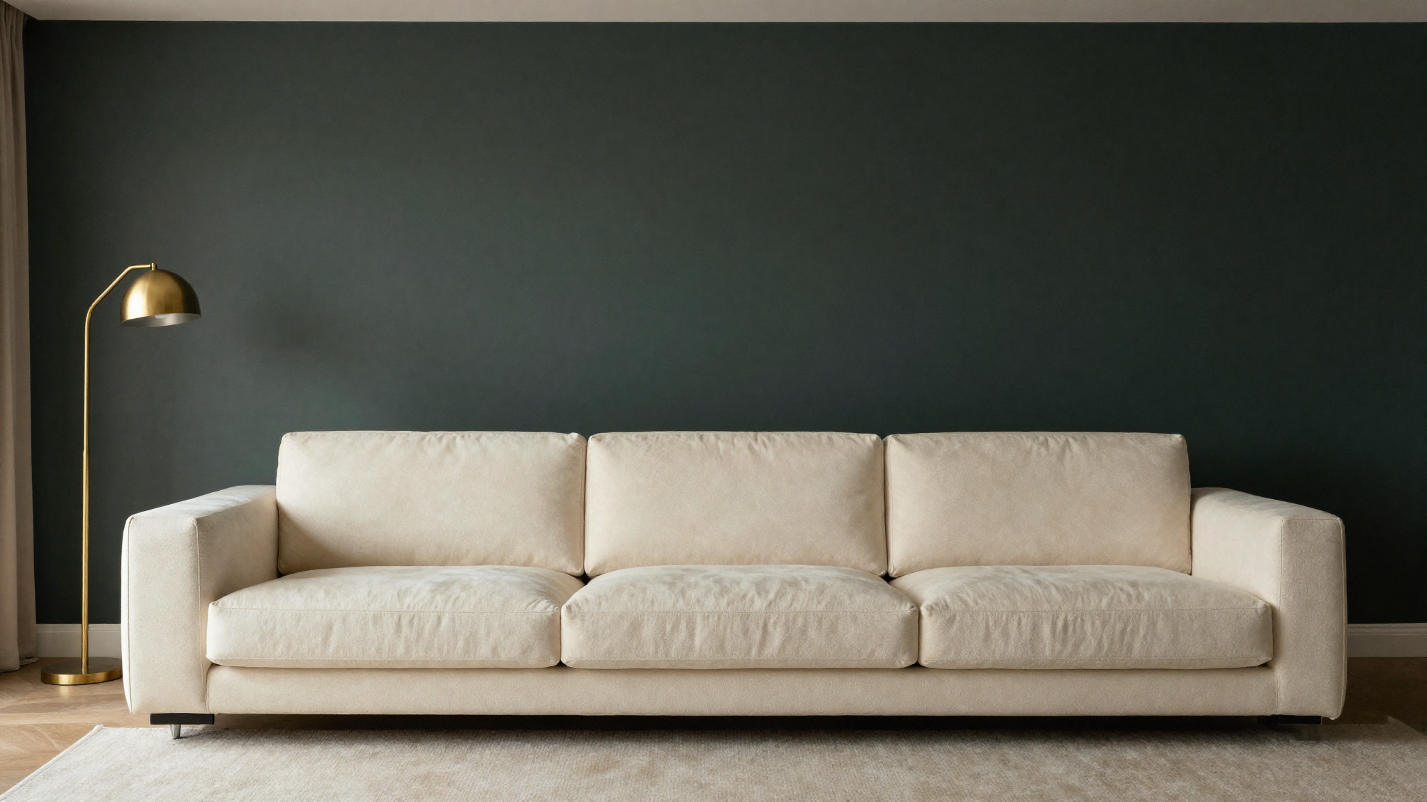 Living room with moody dark charcoal green accent wall adding sculptural depth behind sofa with brass and cream accents