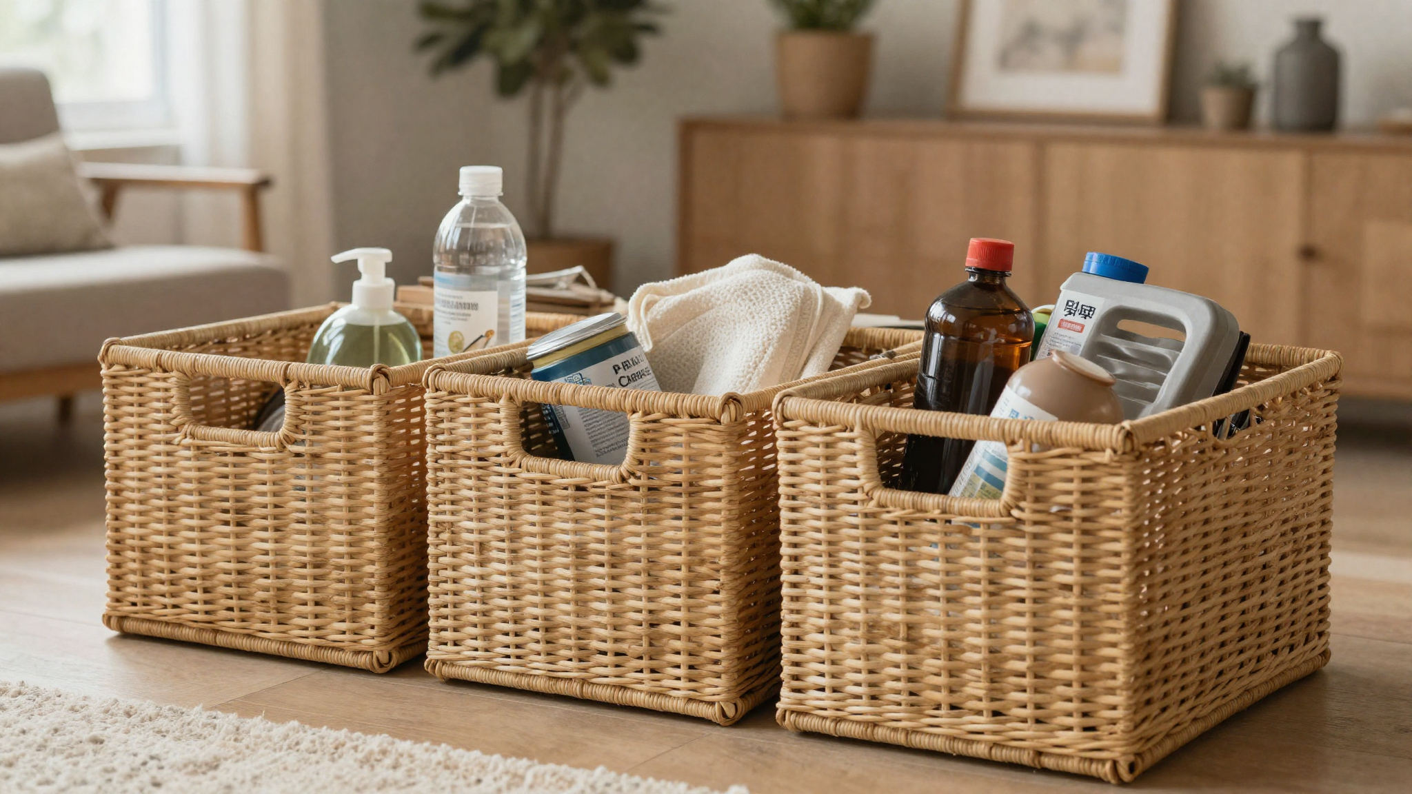 Living room with woven rattan baskets natural storage integrated stylishly hiding clutter with warm organic texture
