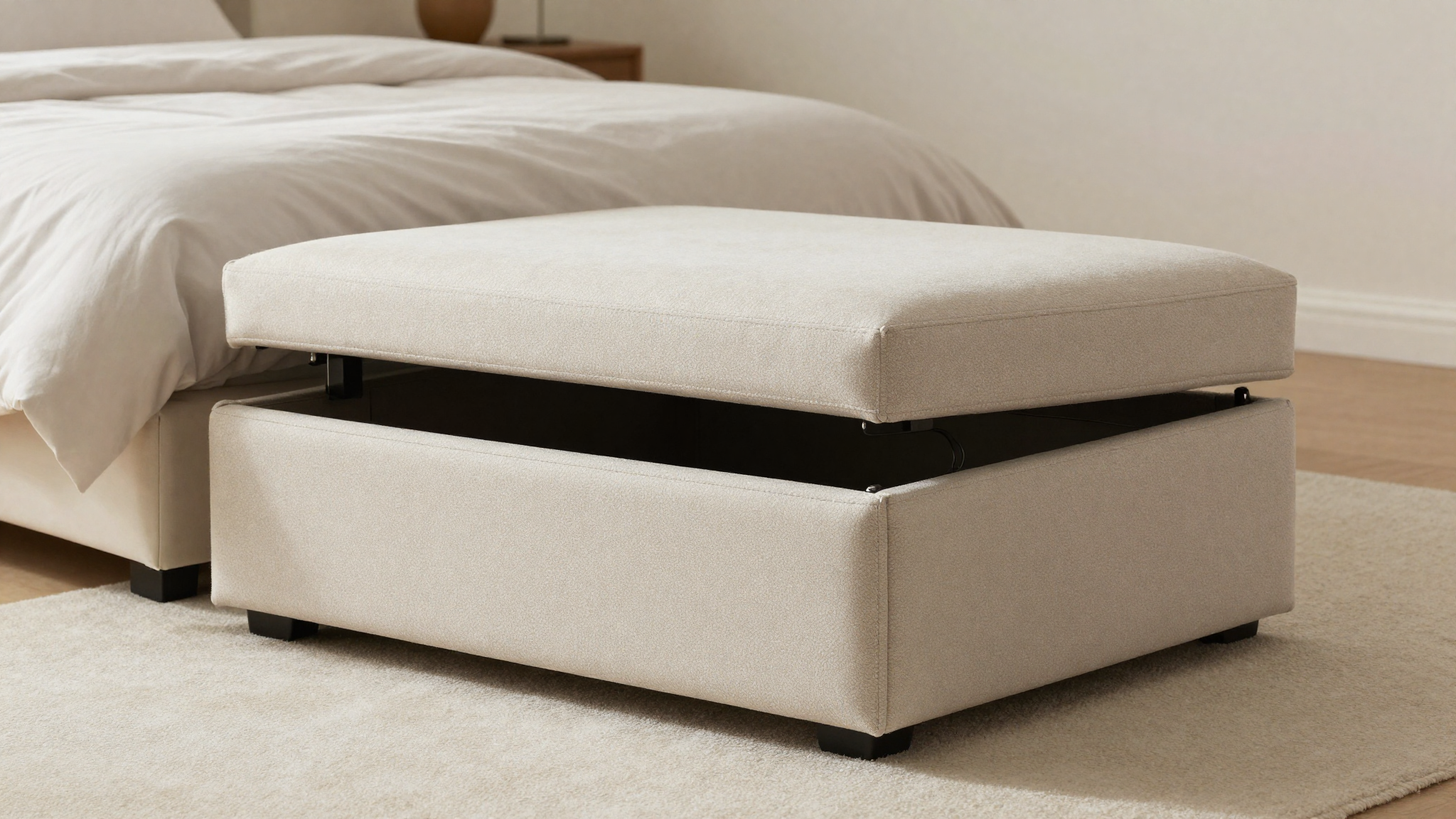 bedroom storage ideas boucle storage ottoman