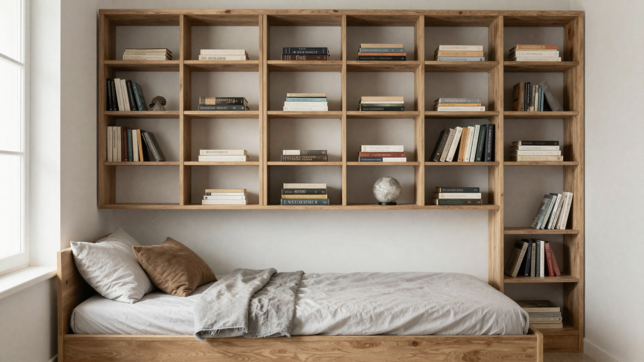 bed integrated into wall of shelving and curated objects