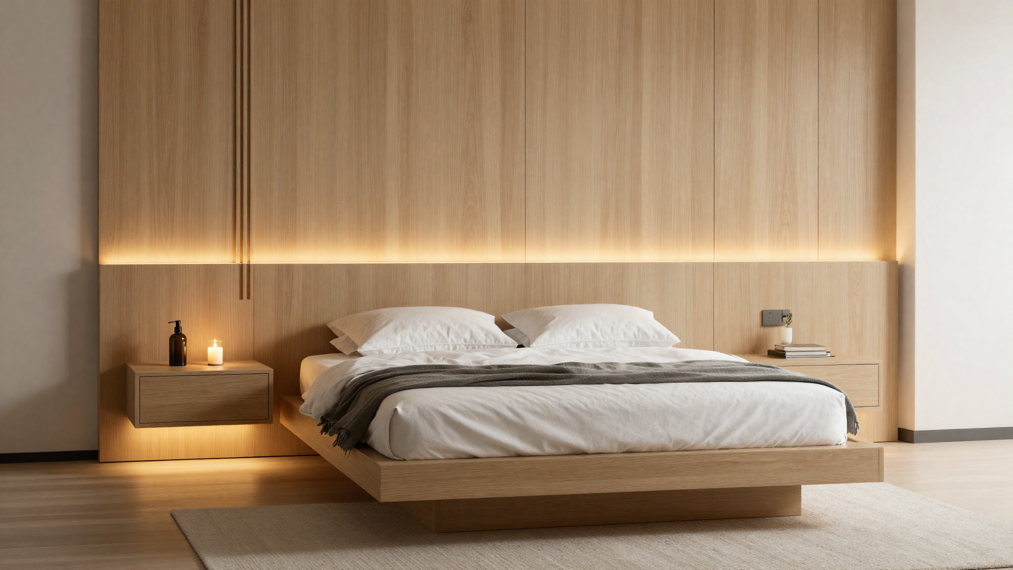 vertical wood paneling with backlit glow behind low bed