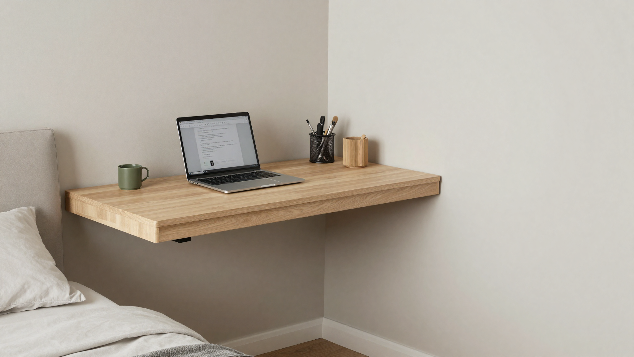 floating desk tucked beside bed in narrow bedroom