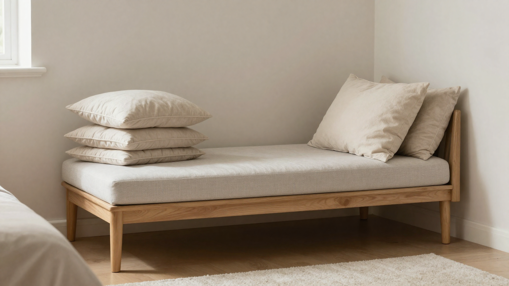 small bench with layered pillows at foot of bed