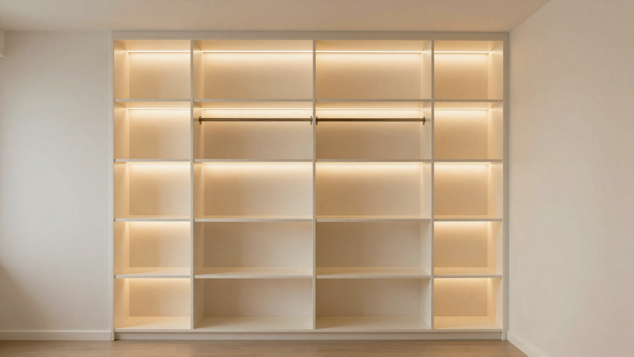 built-in shelving wardrobe and lighting blended into one wall