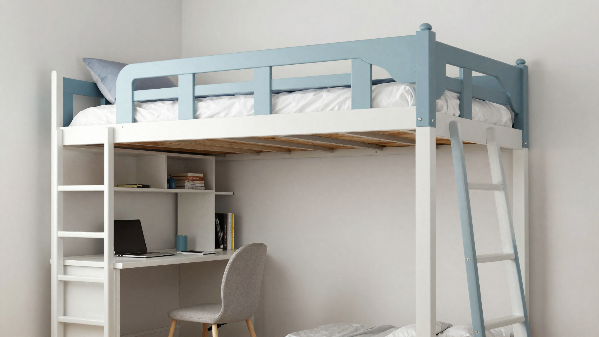 raised loft bed with desk and storage built in below