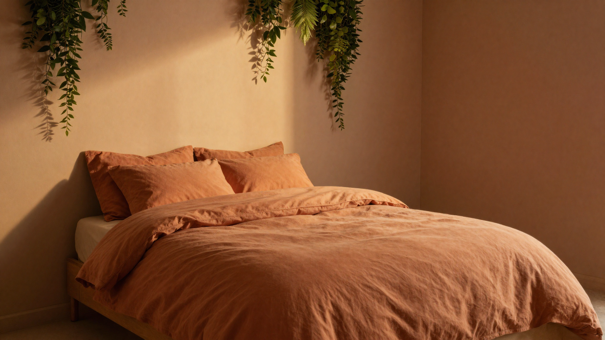 terracotta bedding with warm walls and trailing greenery