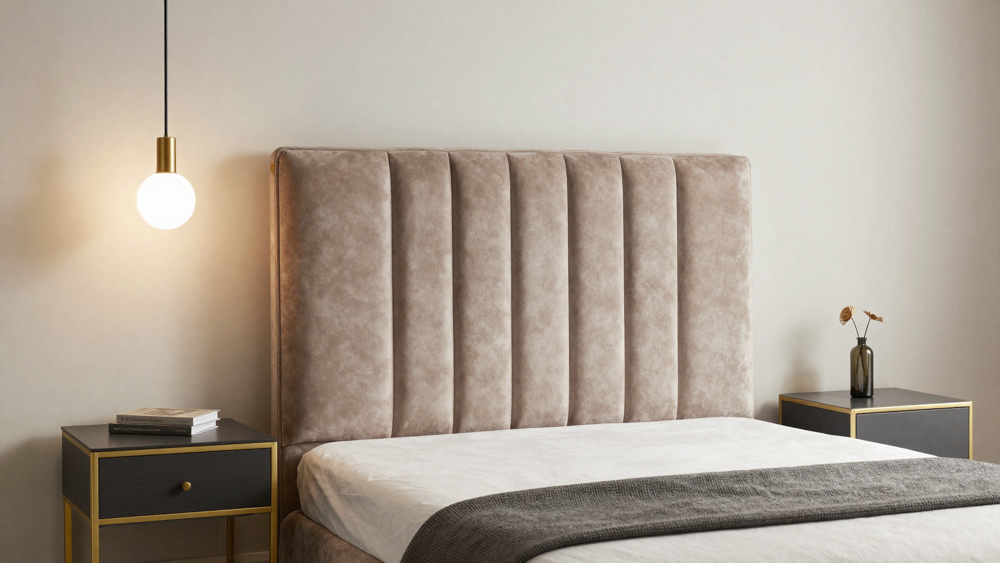 velvet headboard with gold bordered nightstands and chandelier