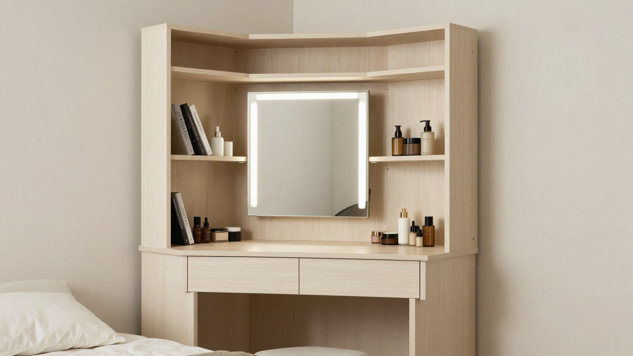 built-in beauty corner with vanity shelving in small bedroom