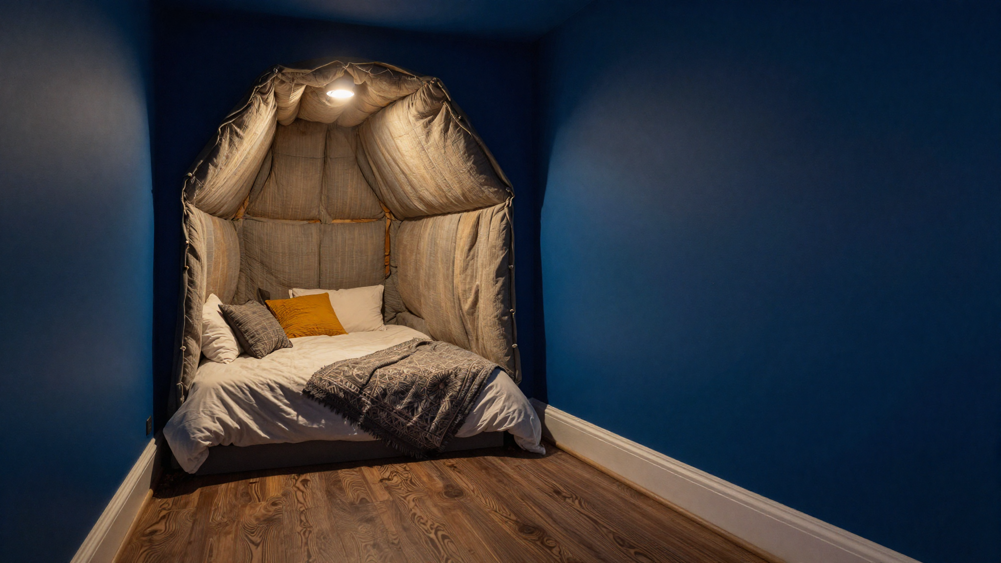 deep blue walls with layered textiles in cozy bedroom