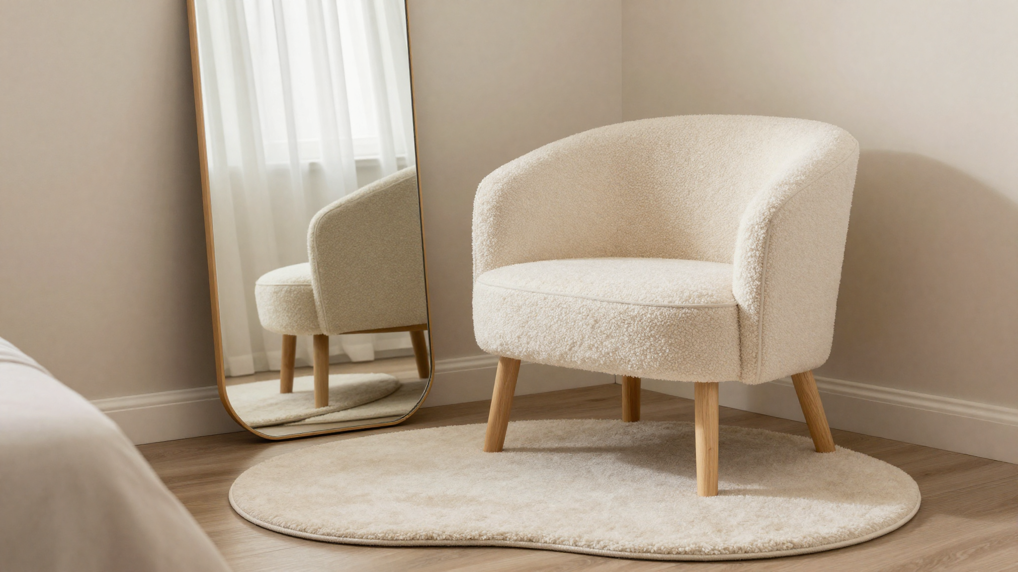 curved mirror boucle chair and sculptural rug in calm bedroom