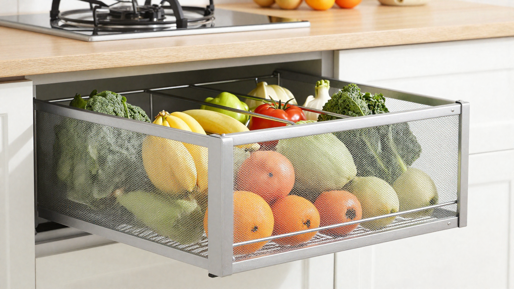 fruit and vegetable storage drawer with basket inserts
