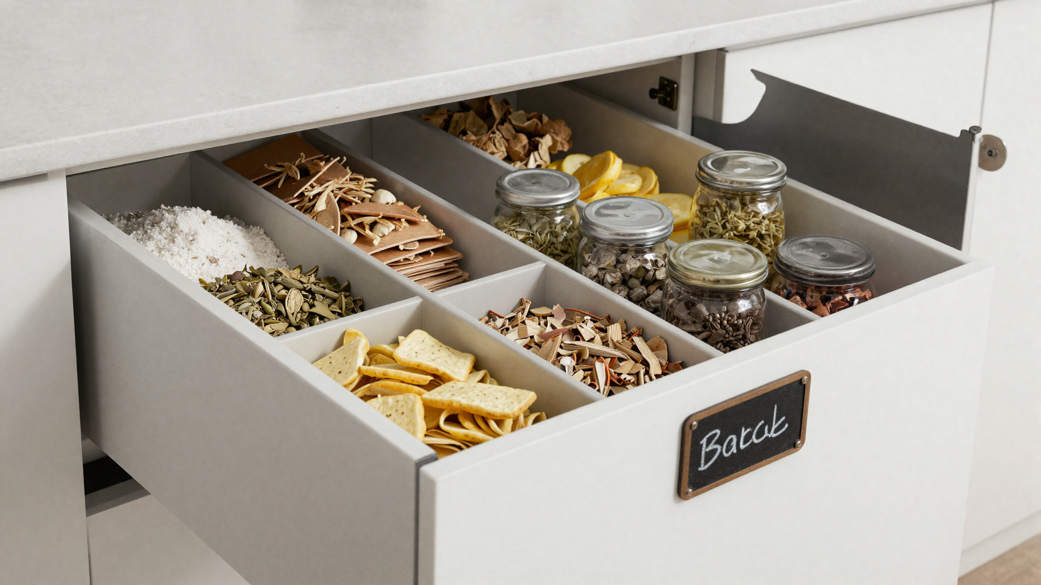 deep pantry drawers with labeled dividers dry goods