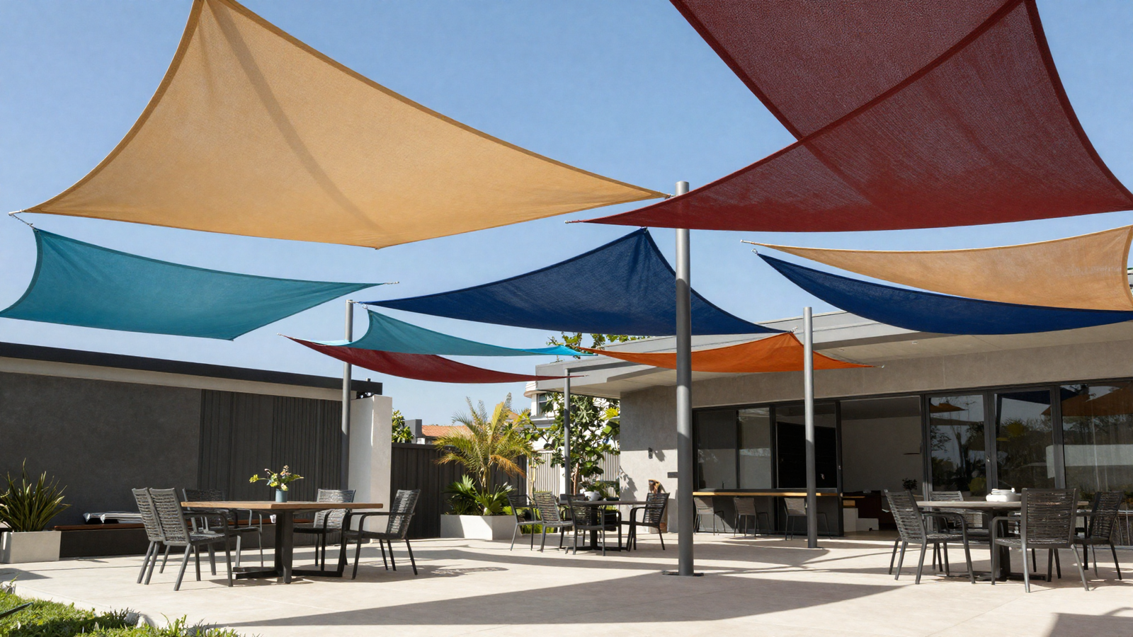 Cluster of triangular shade sails creating layered patterns over a modern patio