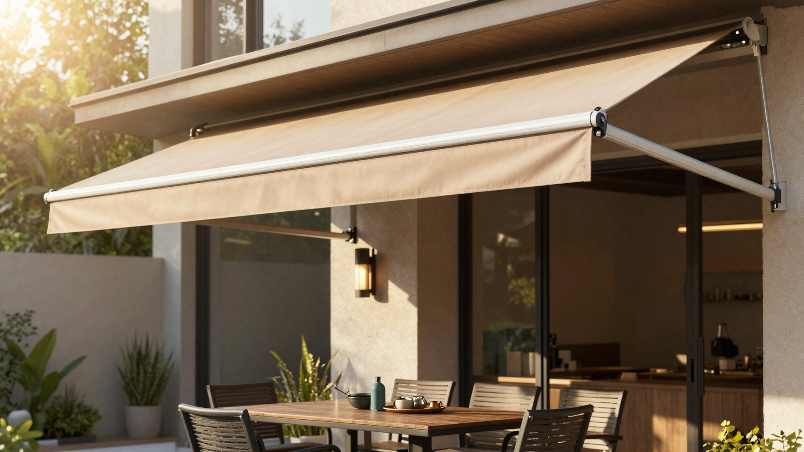 Motorized retractable awning extended over a backyard patio dining table