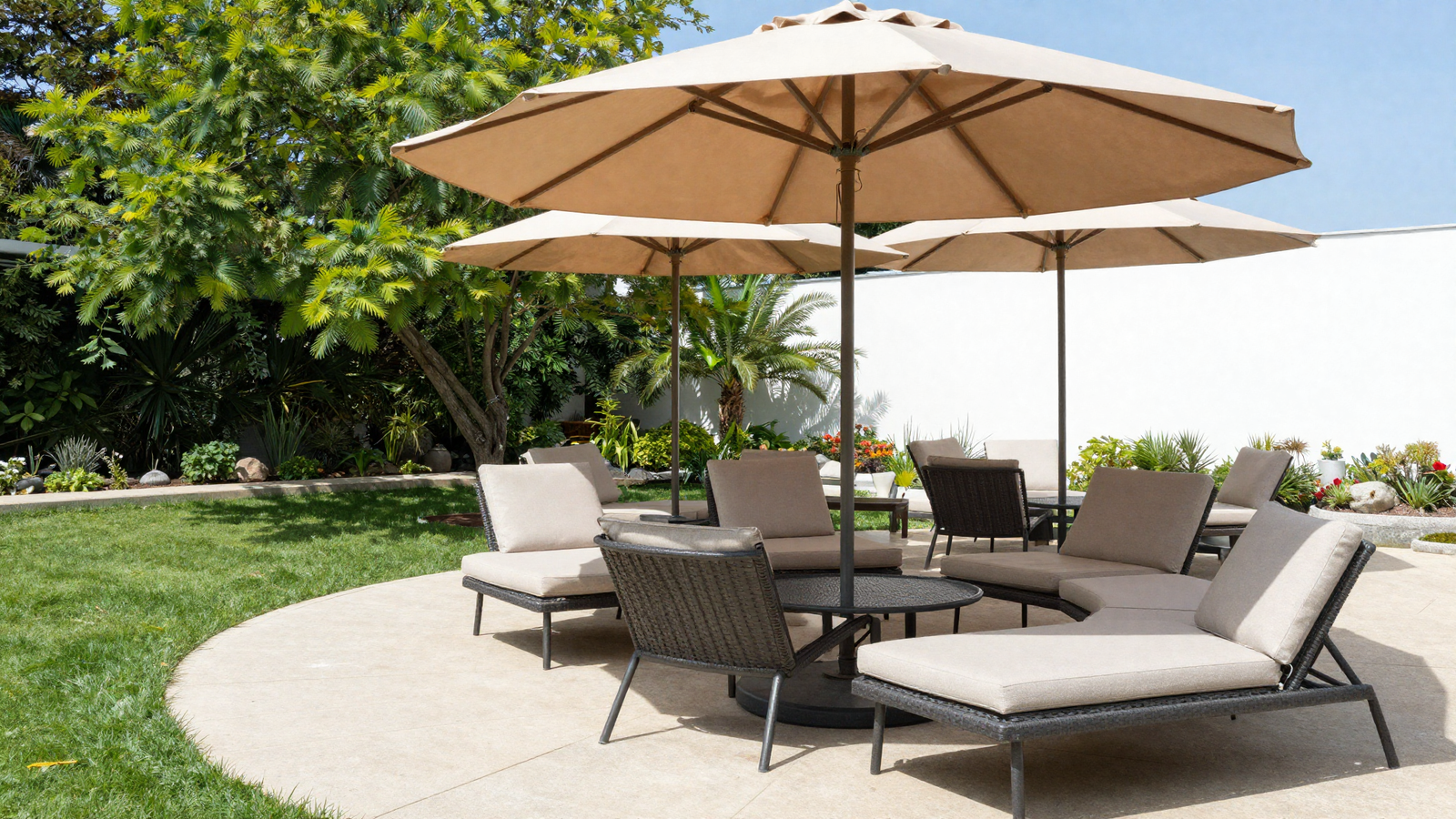Large cantilever umbrella shading a backyard lounge seating area