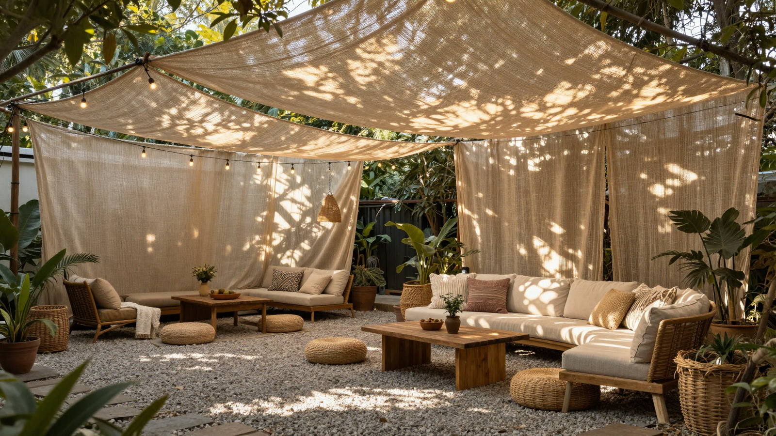 Stretched mesh shade canopy with string lights over a gravel patio seating area
