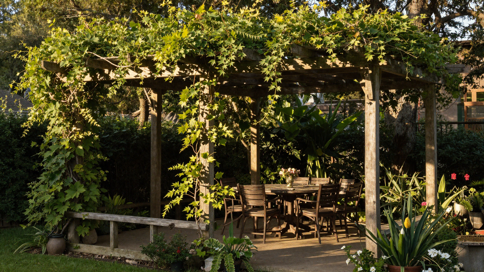Wooden pergola covered in climbing vines shading a backyard dining set
