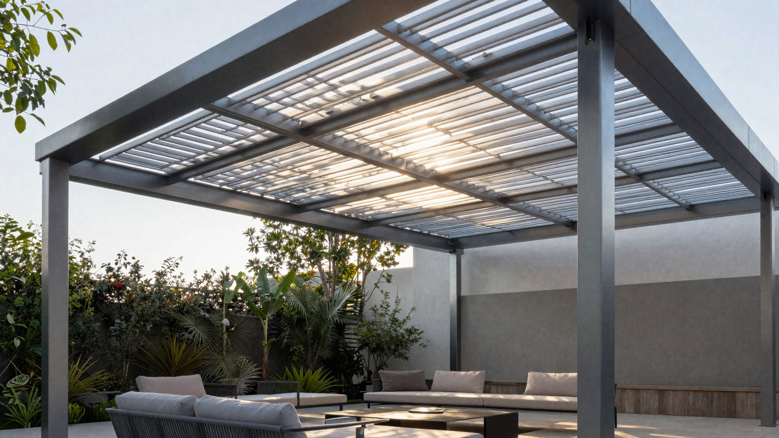 Modern louvered roof pergola with adjustable aluminum slats over a backyard patio