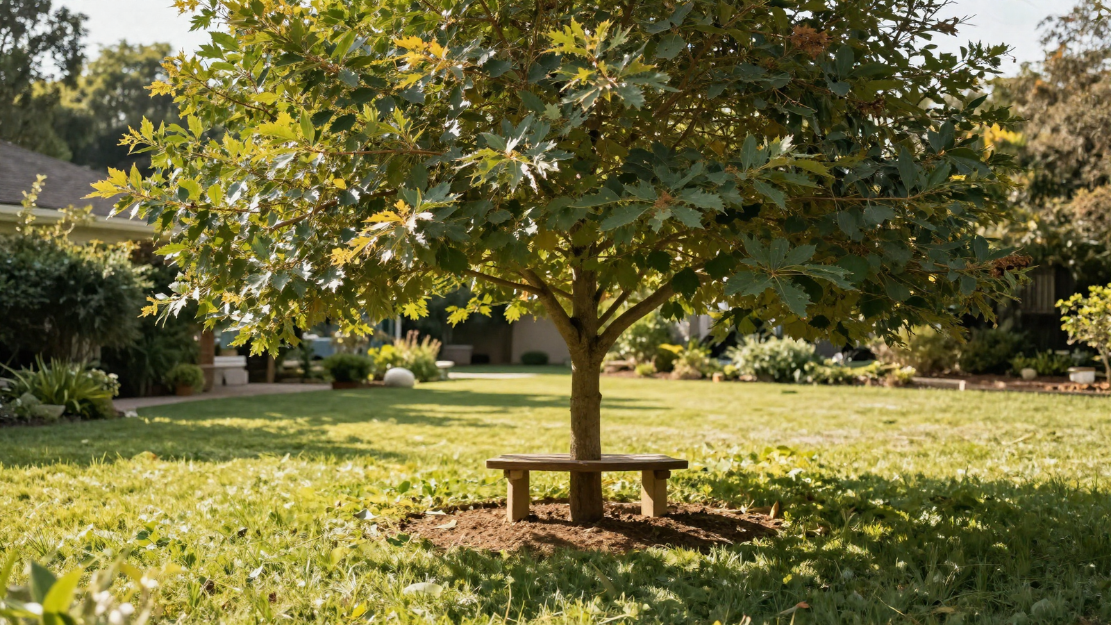 Young shade tree recently planted in a backyard lawn with a bench beneath it