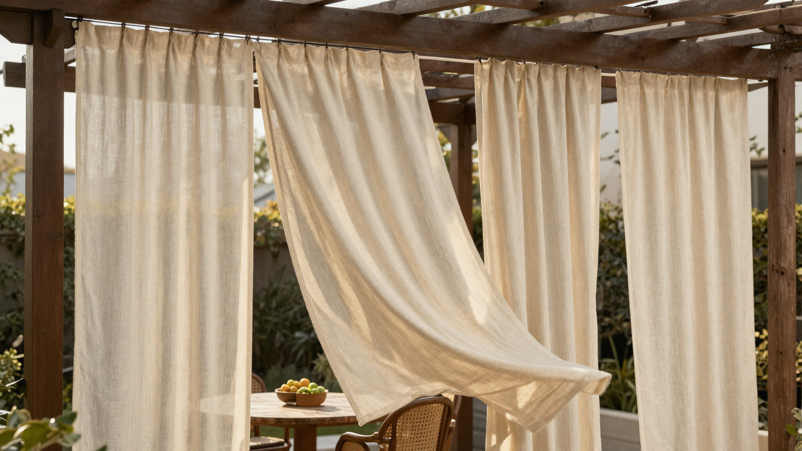 Weather-resistant outdoor curtains hanging from a pergola frame on a patio