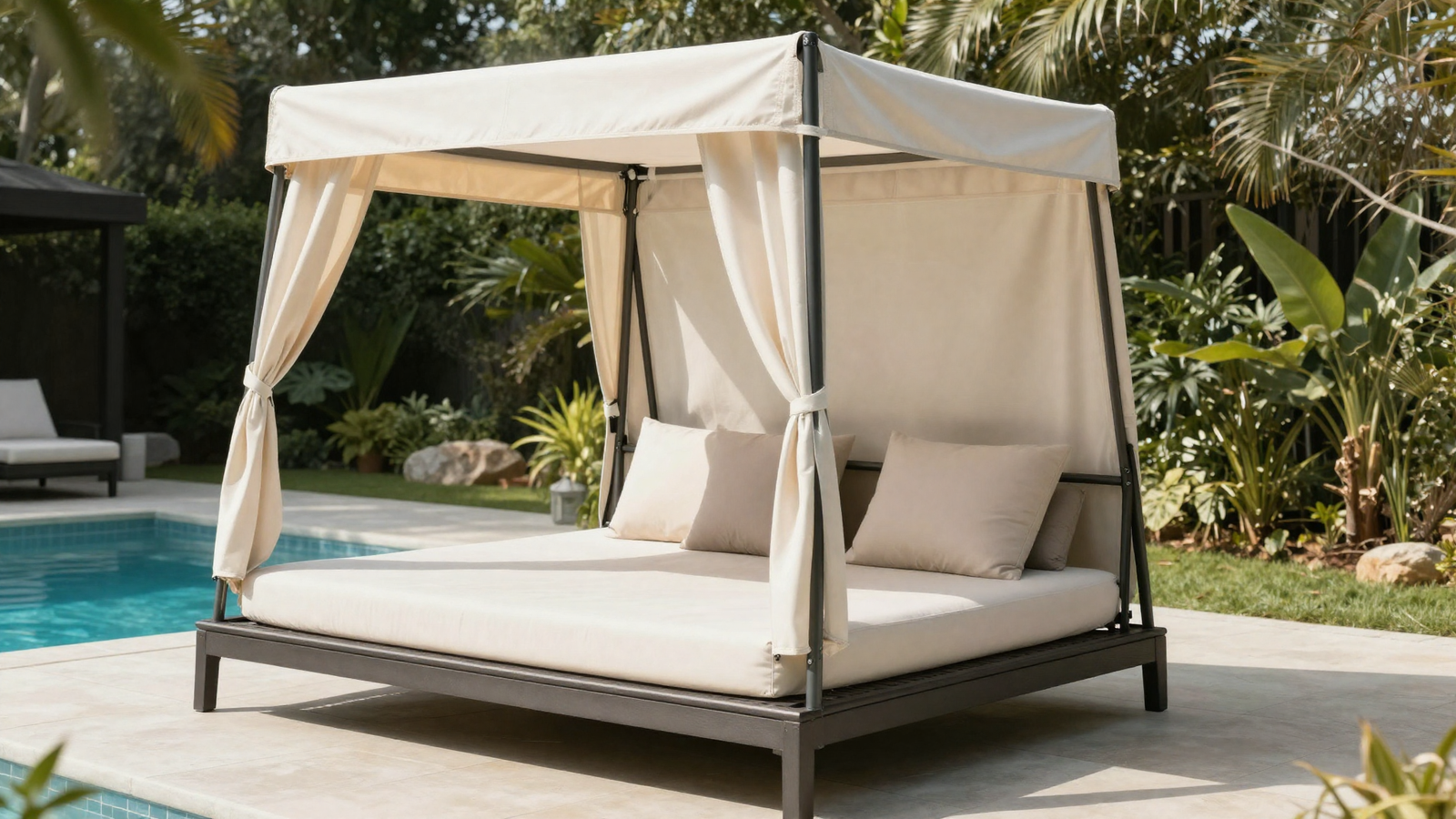 Outdoor daybed with adjustable canopy shade in a backyard poolside setting