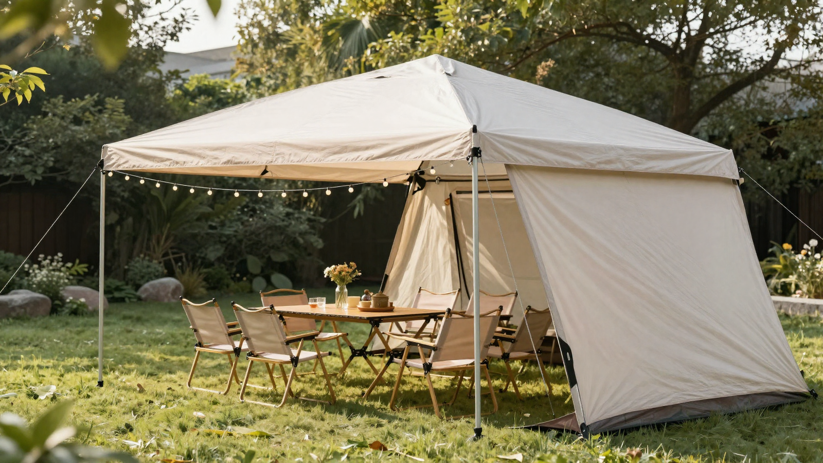 Pop-up canopy tent set up in a backyard for an outdoor party gathering