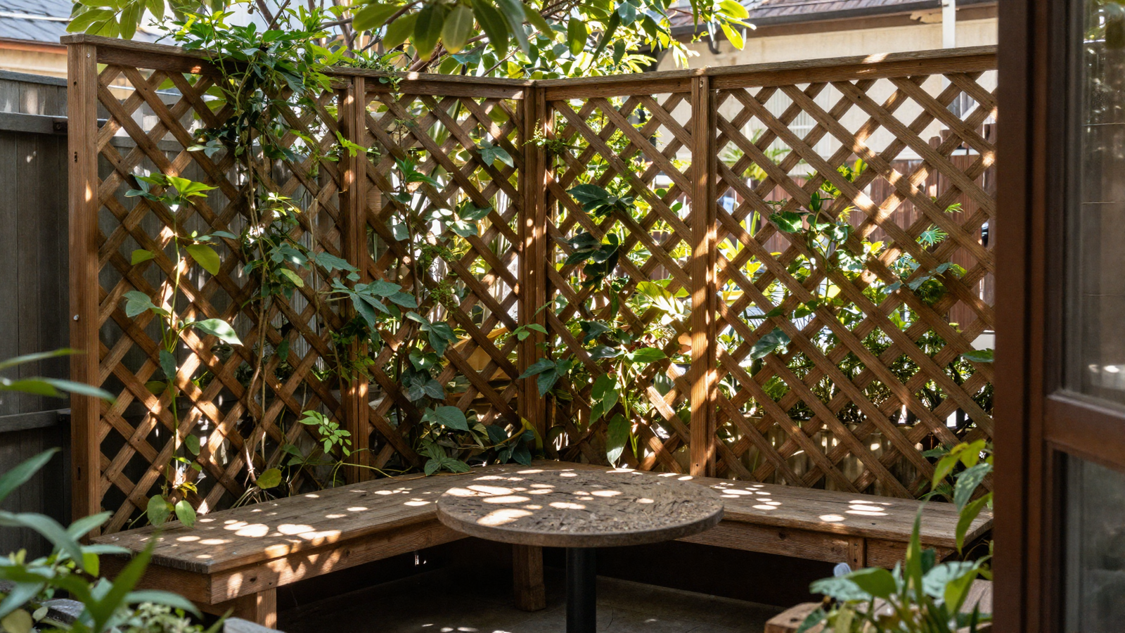 Wooden lattice privacy screen with climbing plants over a backyard seating nook