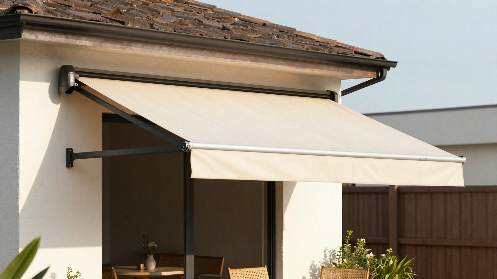 Wall-mounted retractable patio awning attached to the back of a house