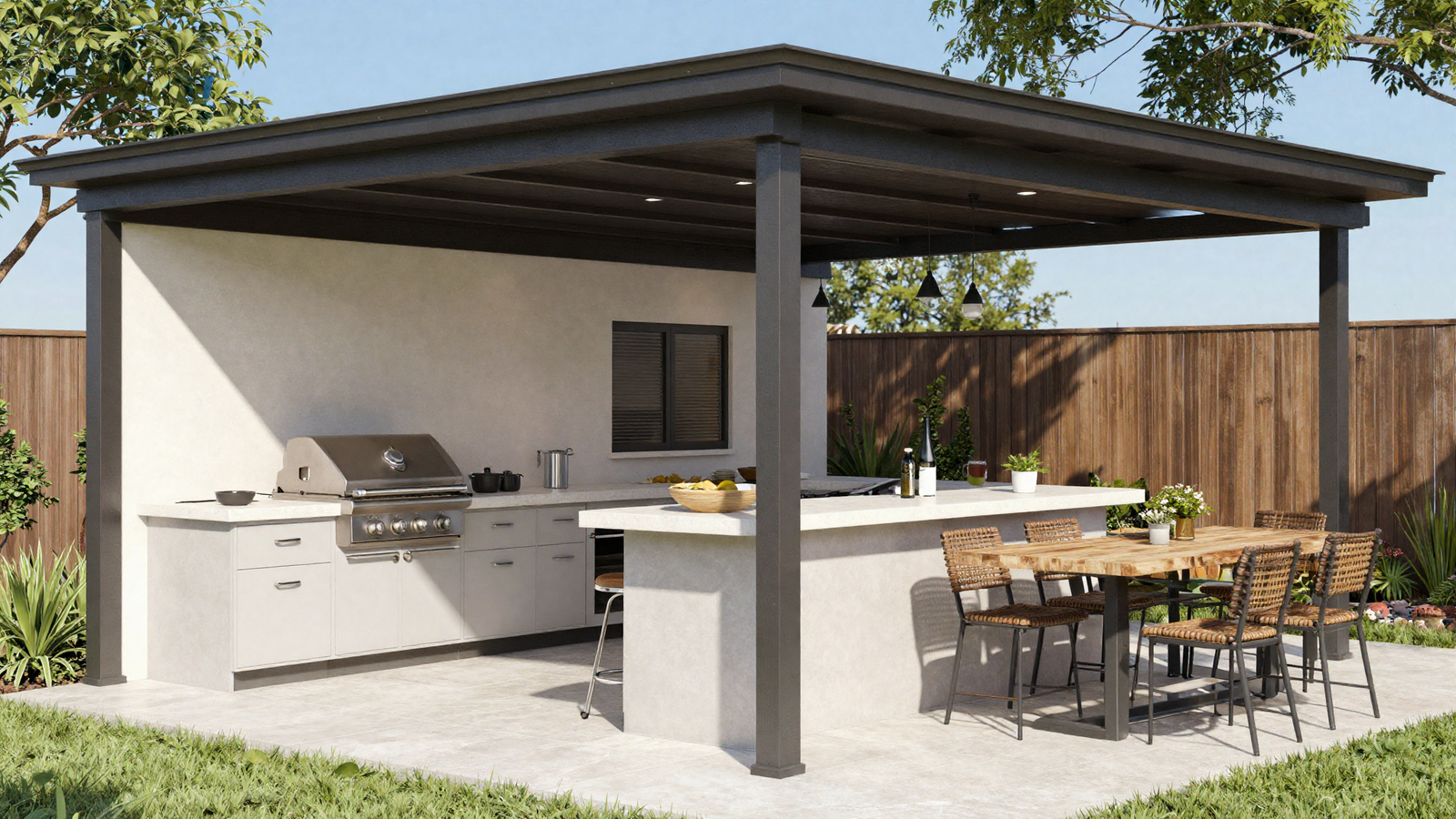 Outdoor kitchen with a shaded pitched roof structure and built-in grill