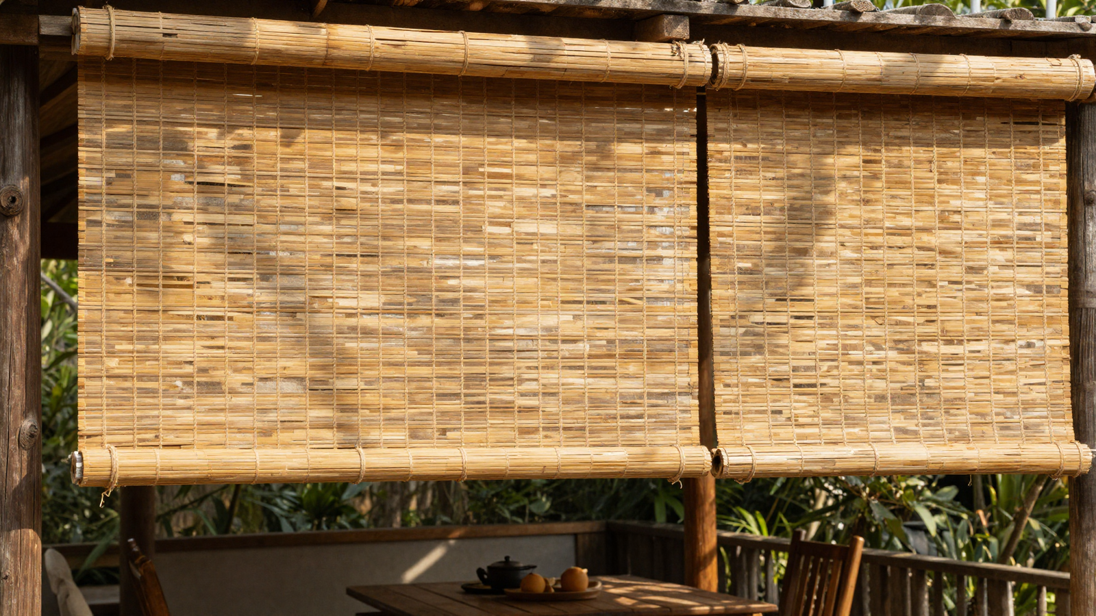 Rolled bamboo reed shade screen mounted above a backyard patio