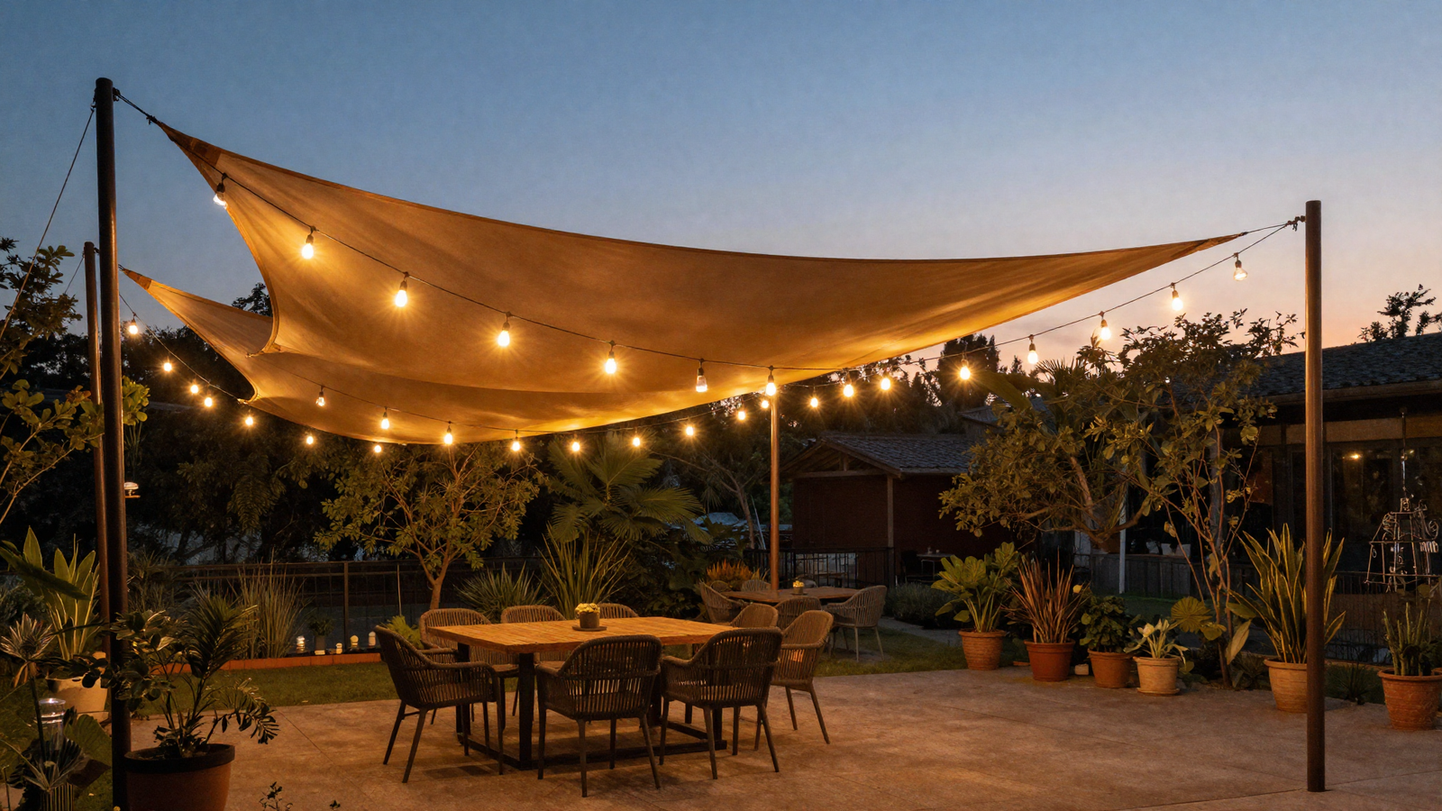 Triangular shade sail combined with string lights over a backyard patio at dusk