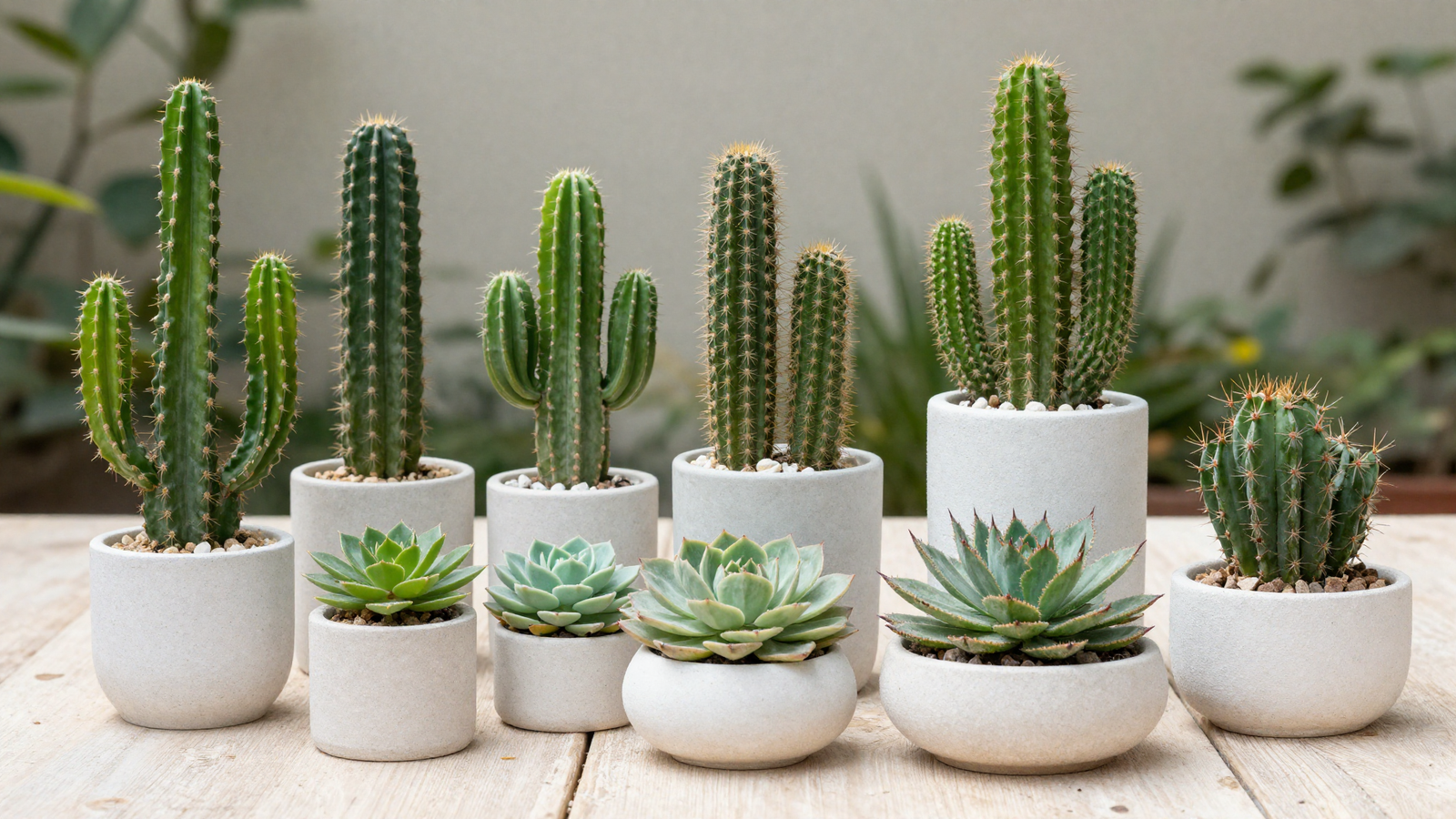 Collection of sculptural cacti and succulents in elegant containers on a patio