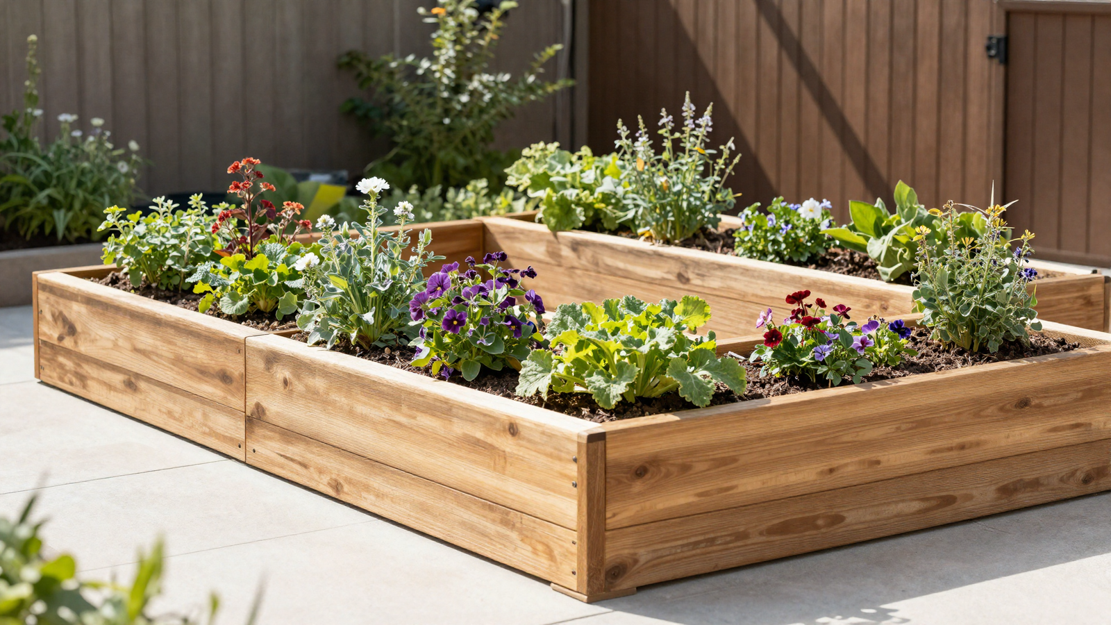Modular cedar raised garden beds with vegetables and flowers growing together