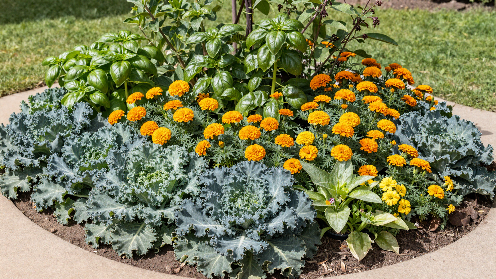 Edible landscaping garden bed mixing kale marigolds and basil
