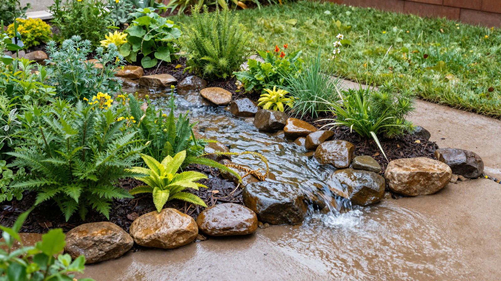 Rain garden capturing downspout runoff with native plants and river rock channel