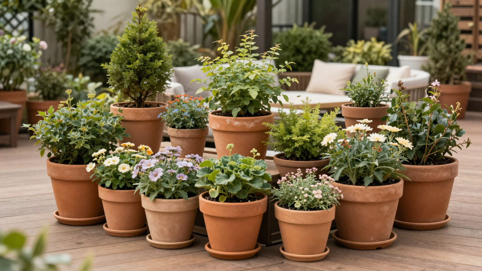 Container garden on a patio deck with shrubs and perennials in matching pots