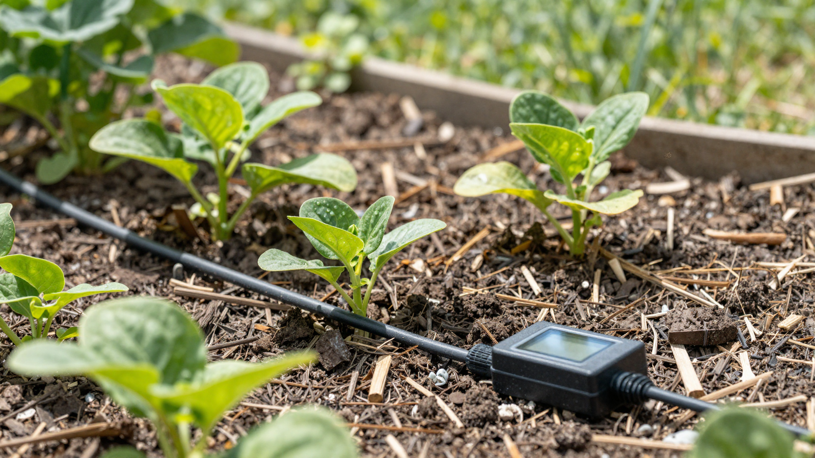 Smart drip irrigation system with soil moisture sensor among garden plants