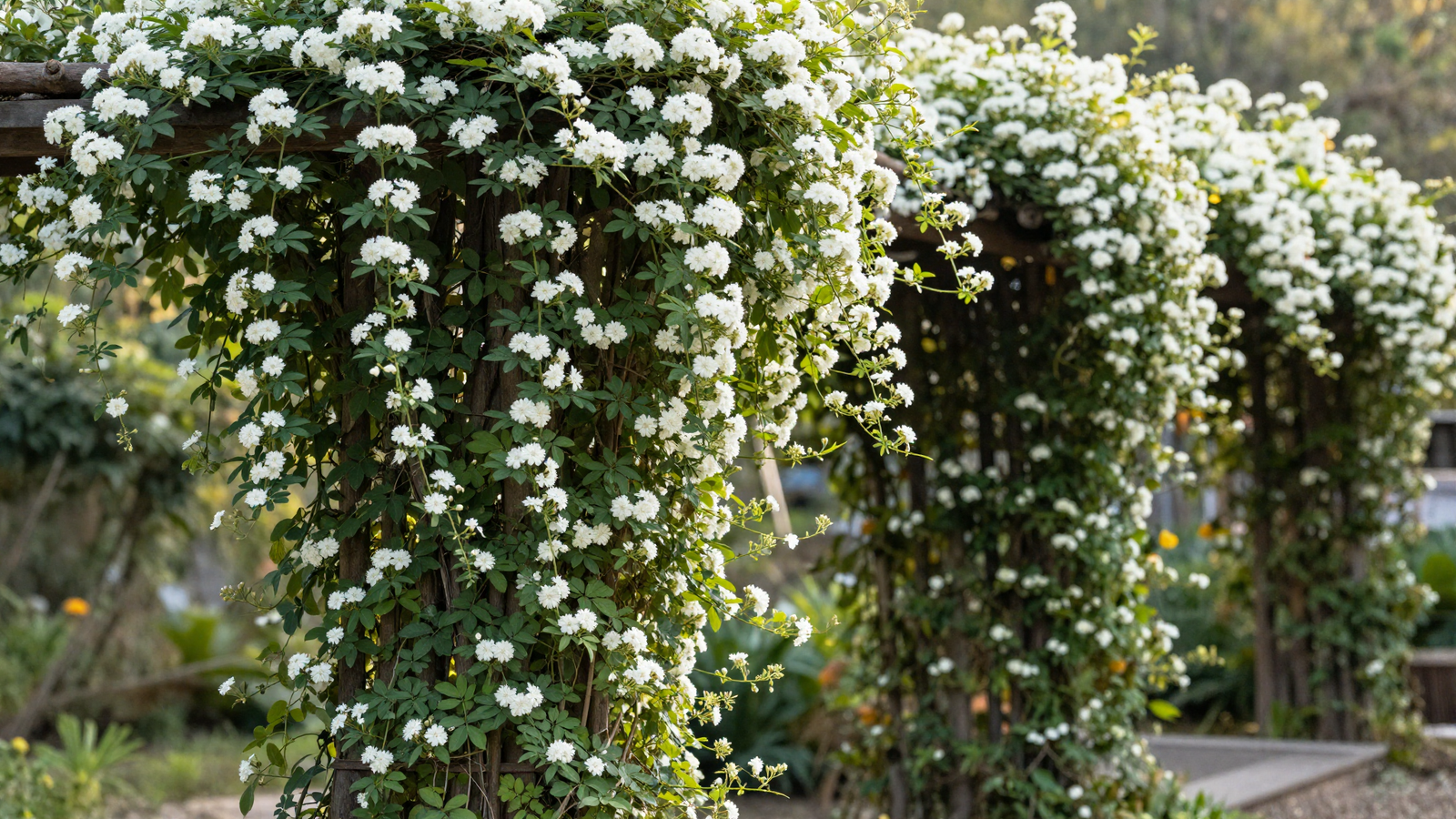 Climbing jasmine and mandevilla vines trained up a garden trellis