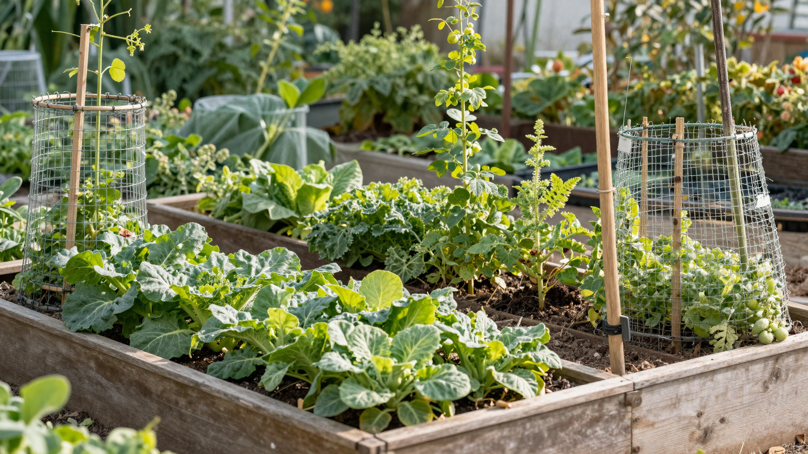 Small backyard vegetable garden with vertical growing structures and trellised beans