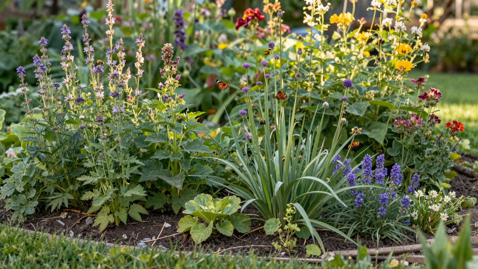 Naturalistic wildlife-friendly garden border with native flowering plants