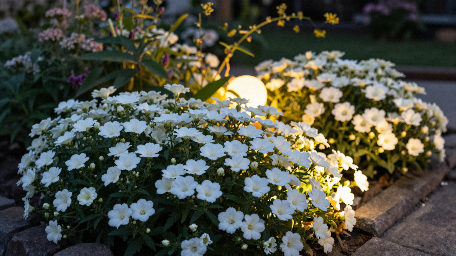 Small evening garden with pale moon garden flowers glowing at dusk