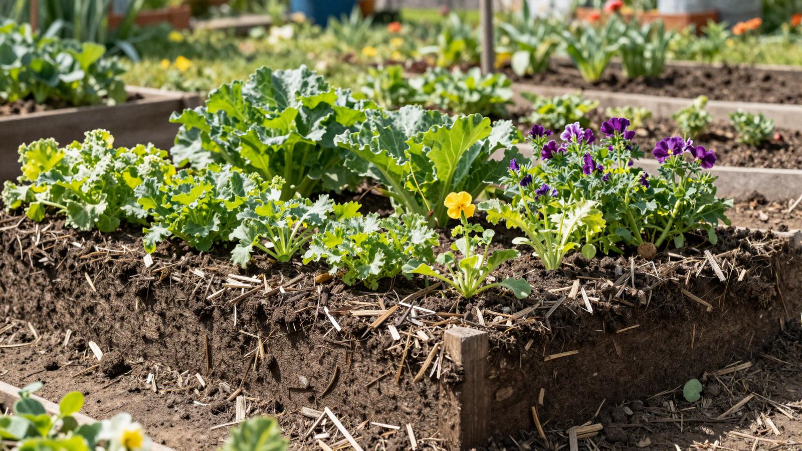 No-dig garden bed with layered mulch and compost growing vegetables and flowers