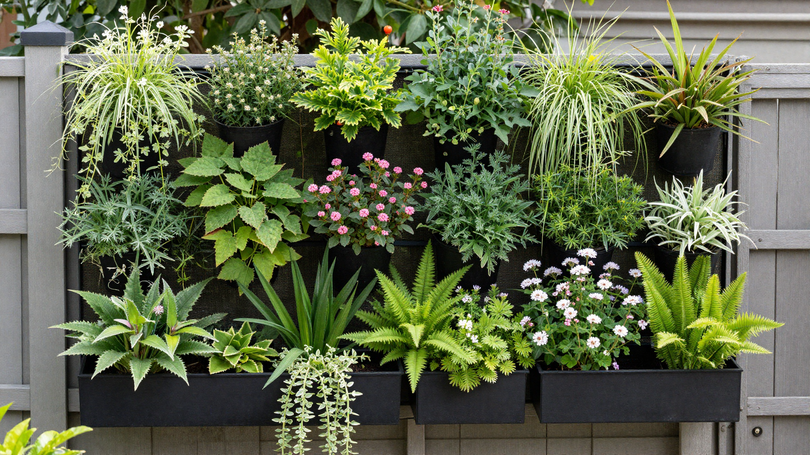 Vertical living wall garden mounted on a fence with trailing plants