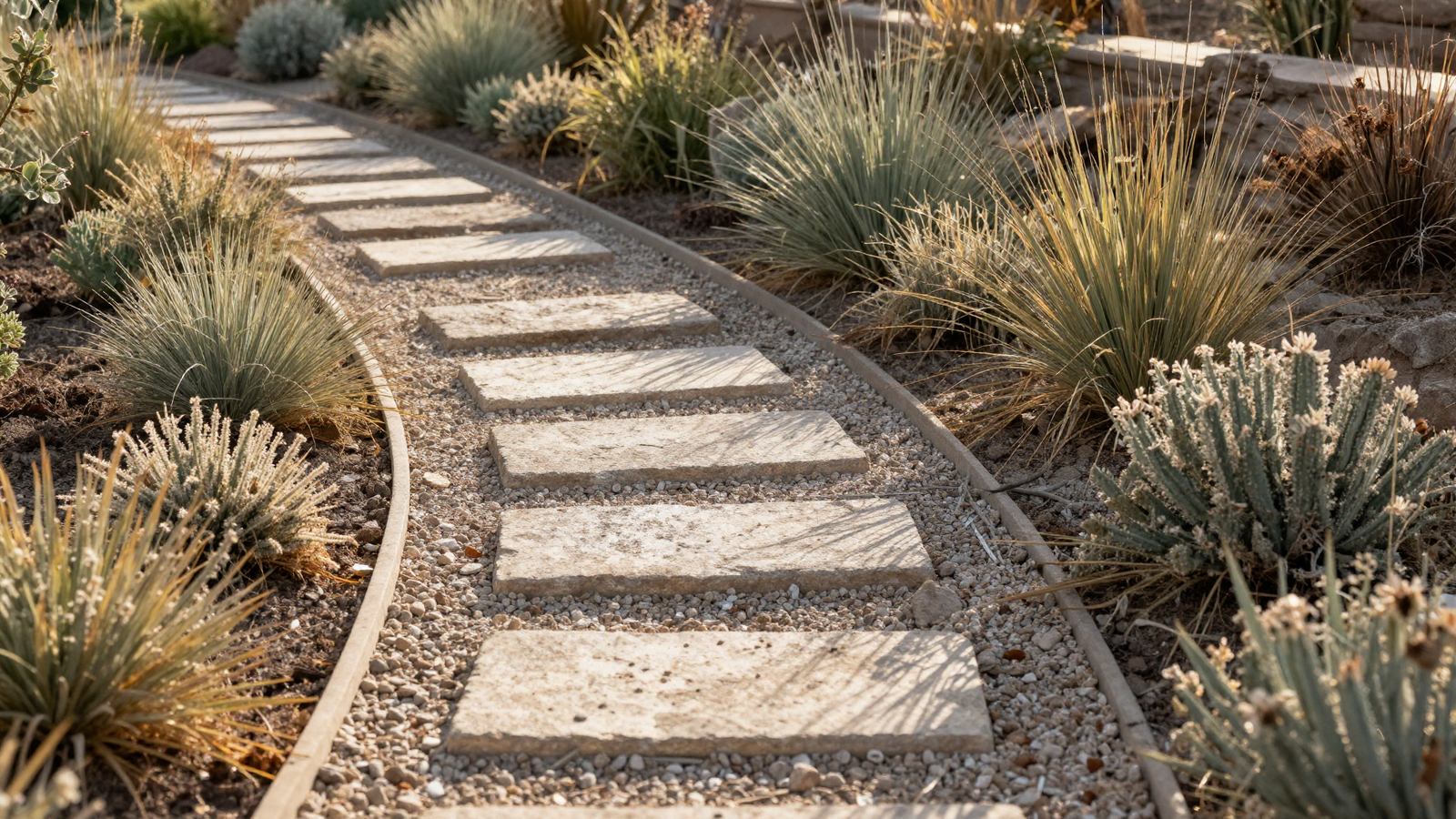 Gravel garden pathway winding through drought-tolerant planting with stepping stones
