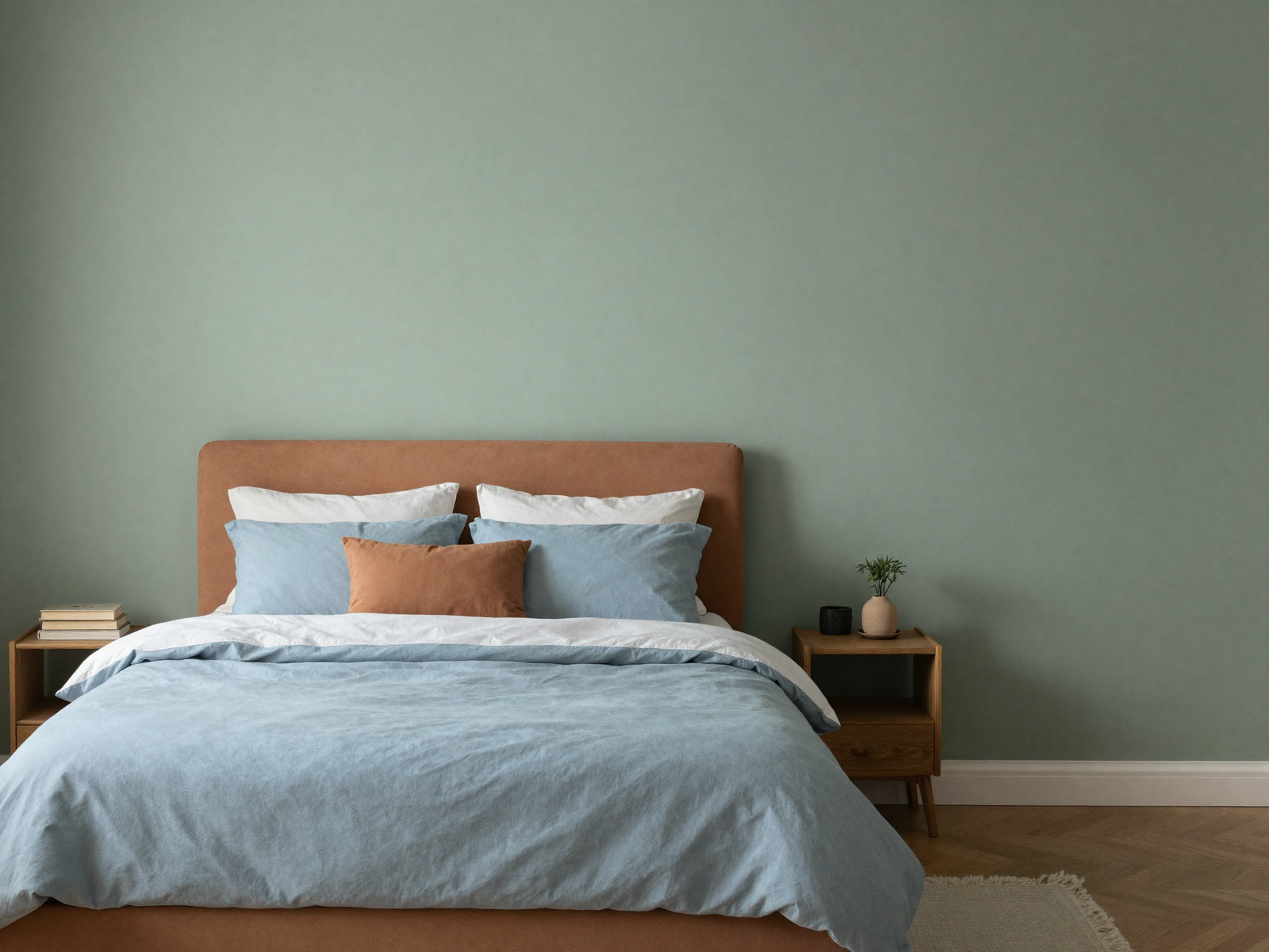 Serene bedroom in muted sage green and warm clay tones