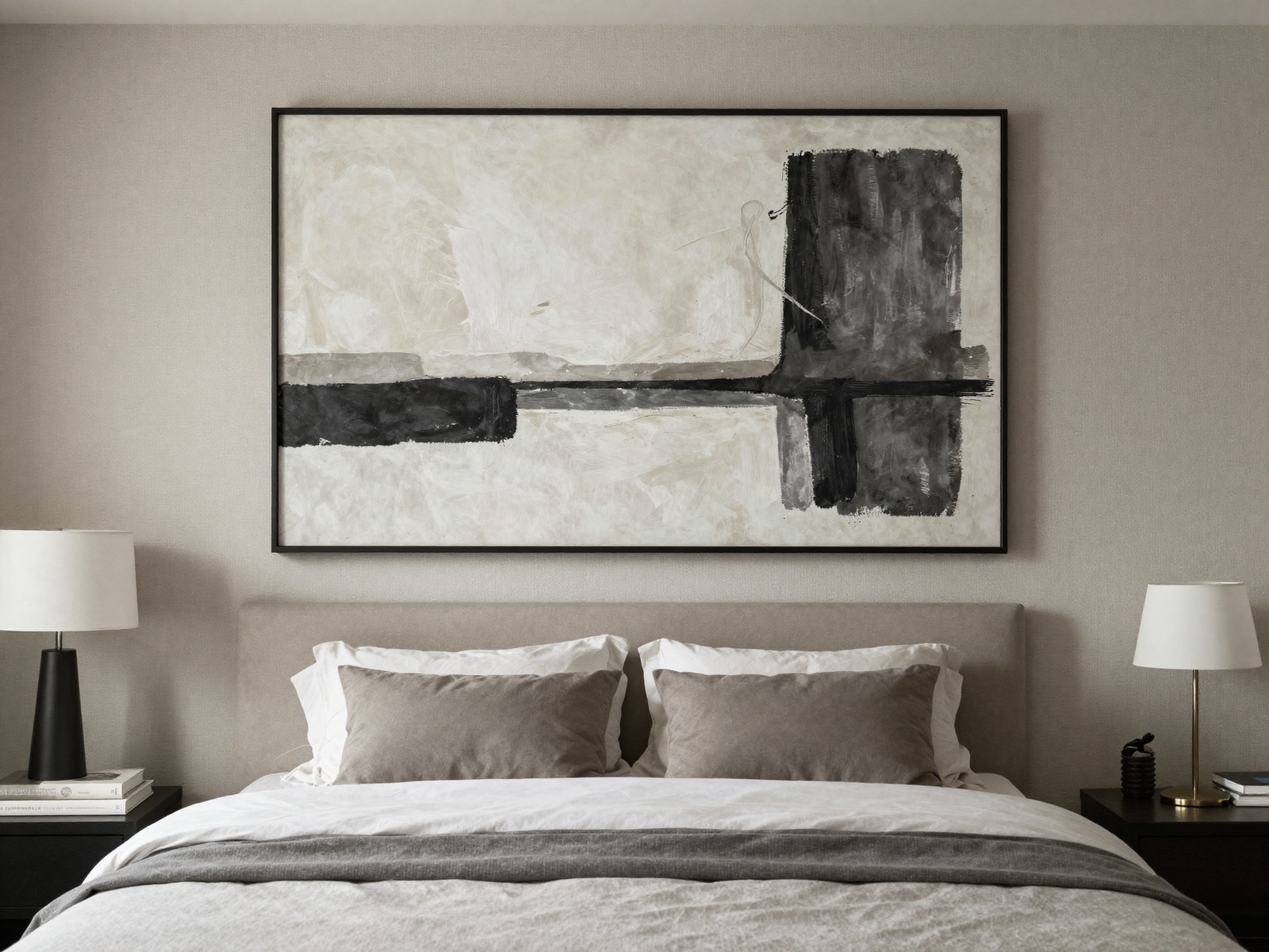 Bedroom with large abstract artwork hung above the bed