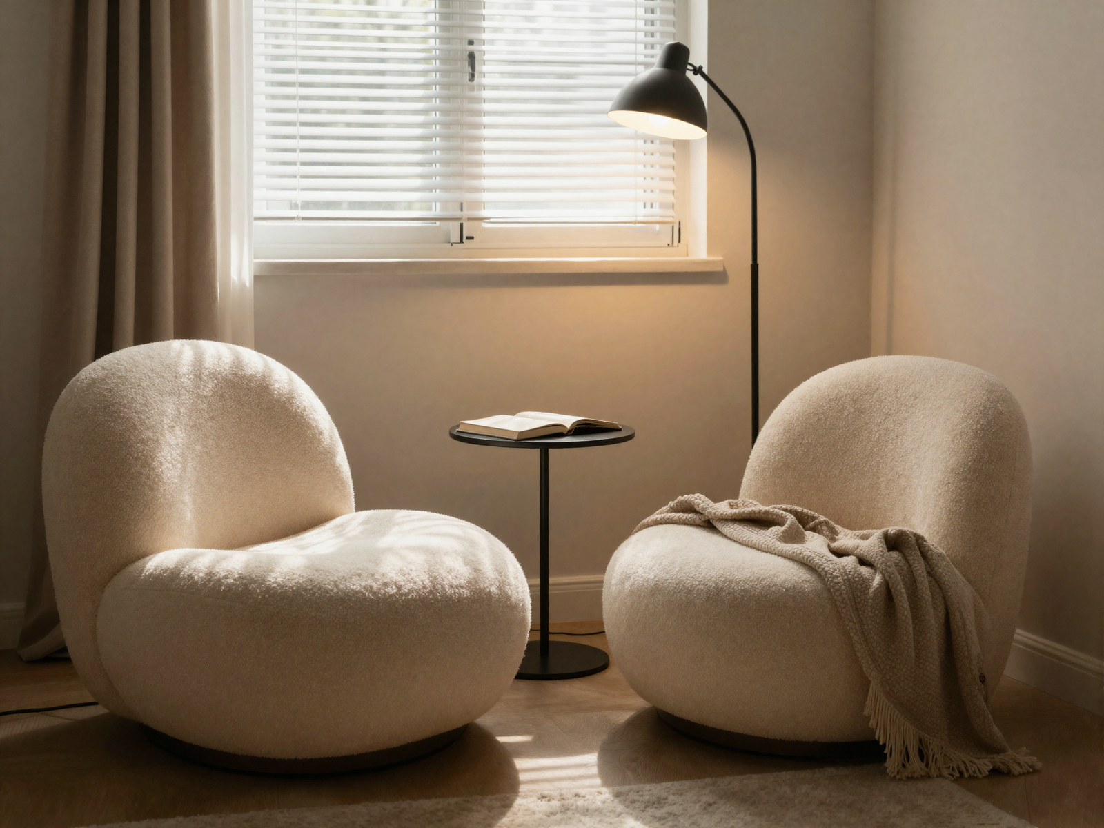 Curved bubble accent chair in a cozy bedroom reading nook