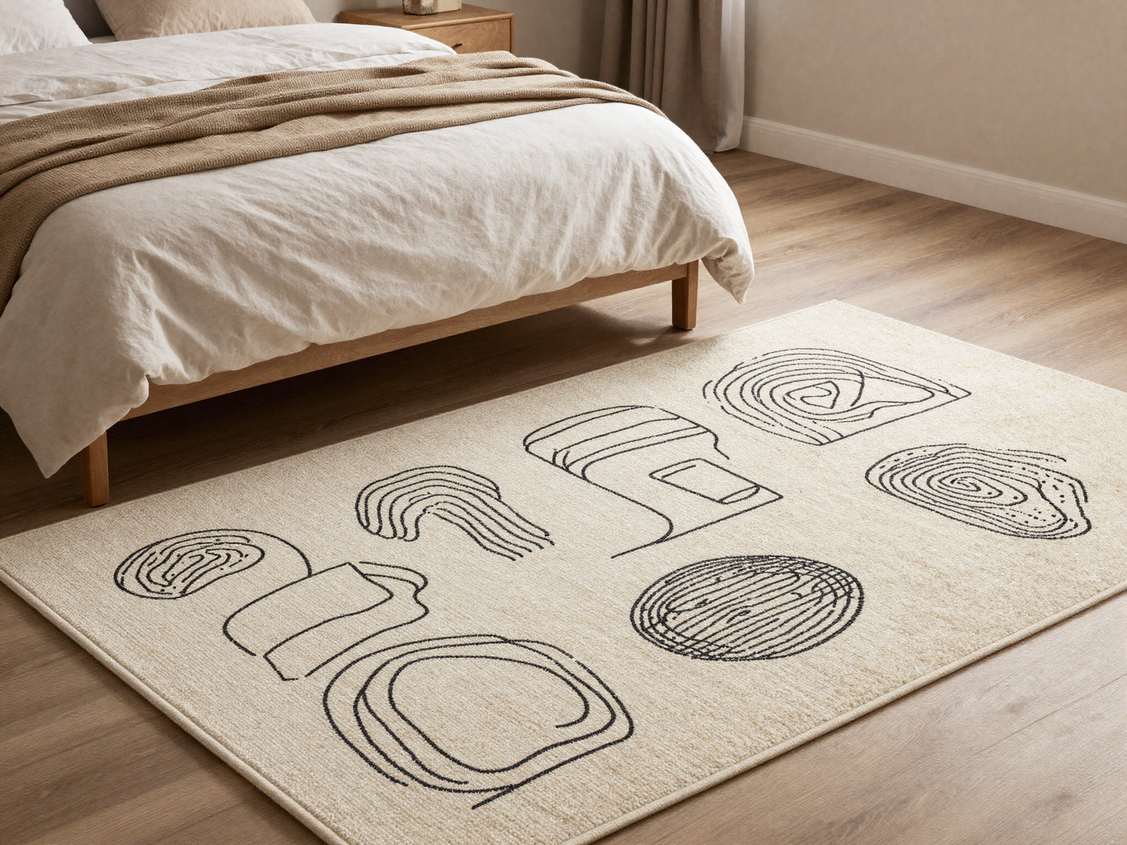 Bedroom rug with abstract illustrated line-drawn pattern