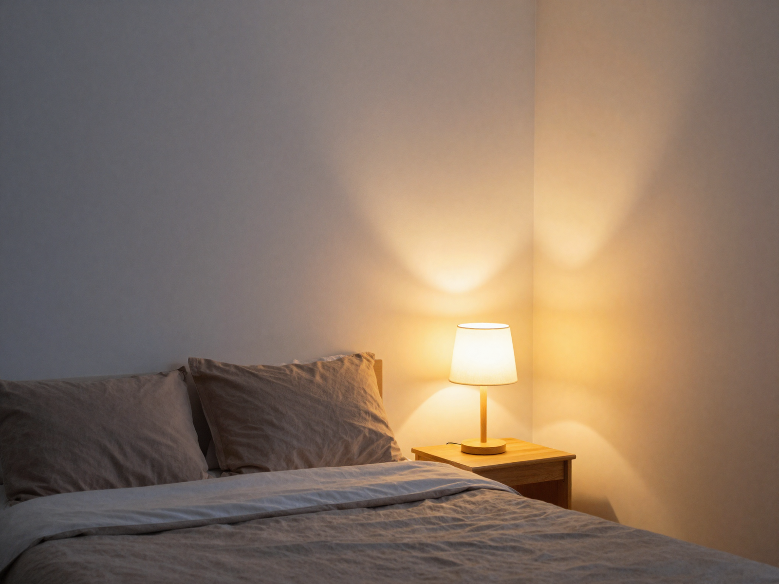 Bedroom at dusk with layered bedside lamps and warm glow